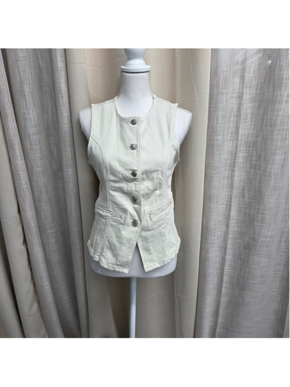 American Eagle Women Cream Denim Vest Button Up Utility Pocket Waistcoat Size S